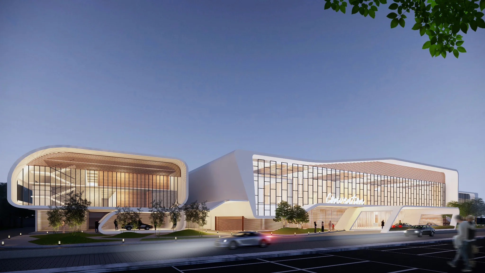 Fluid Convention Centre front elevation at dusk