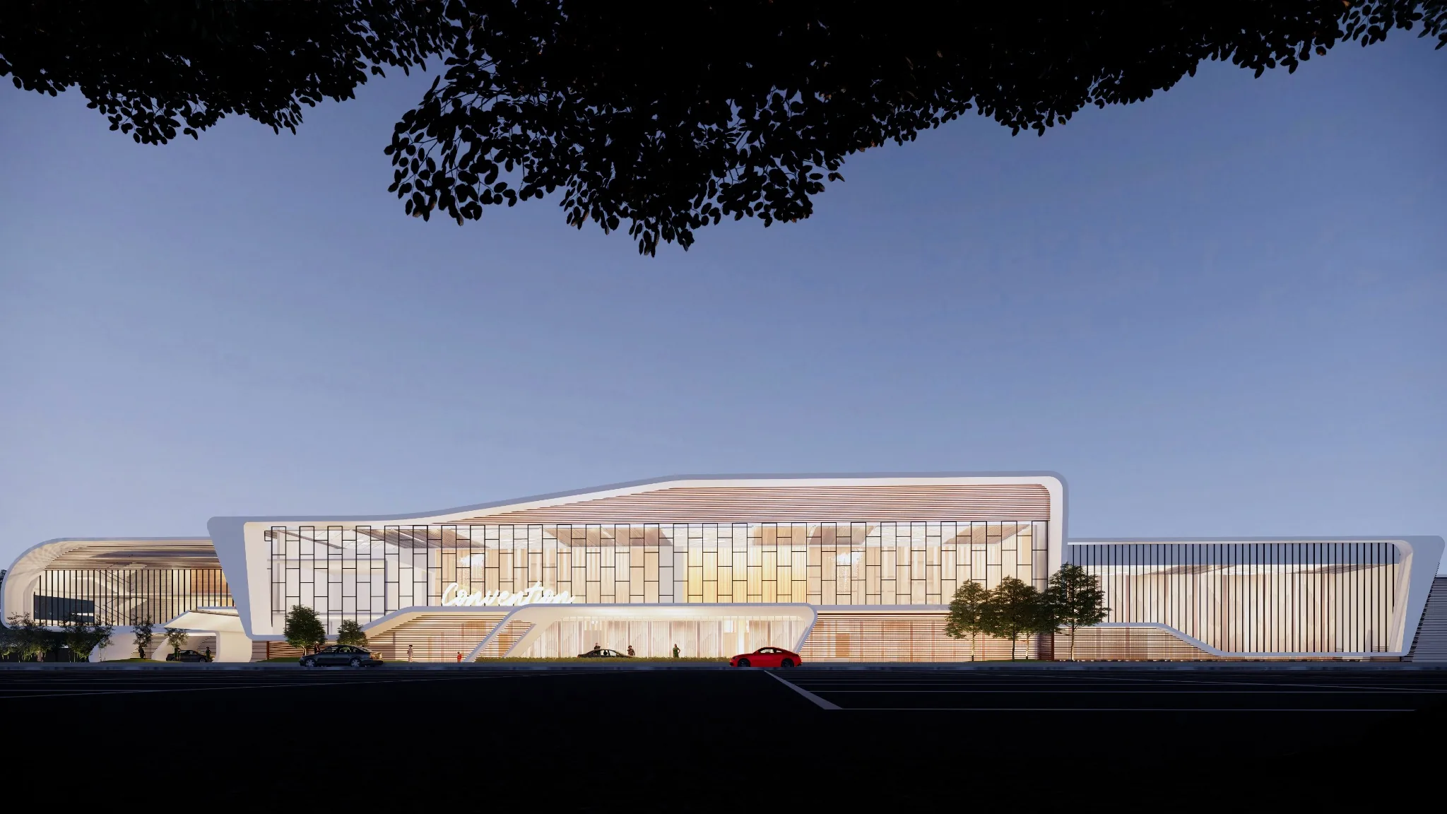 Fluid Convention Centre courtyard facade with reflecting pool