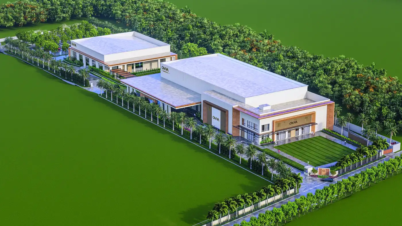 ONVA Convention gate and facade at dusk